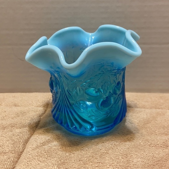 Fenton Blue opalescent ruffled cherry pattern glass vase - Picture 2 of 8